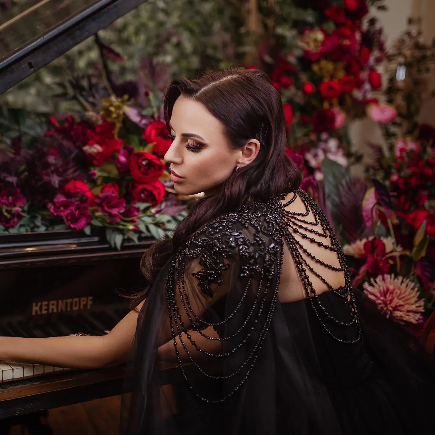 Black Luxury Gothic  Wedding Dress Beaded Tulle Ball Gown With Sheer Beaded Cape ZP028