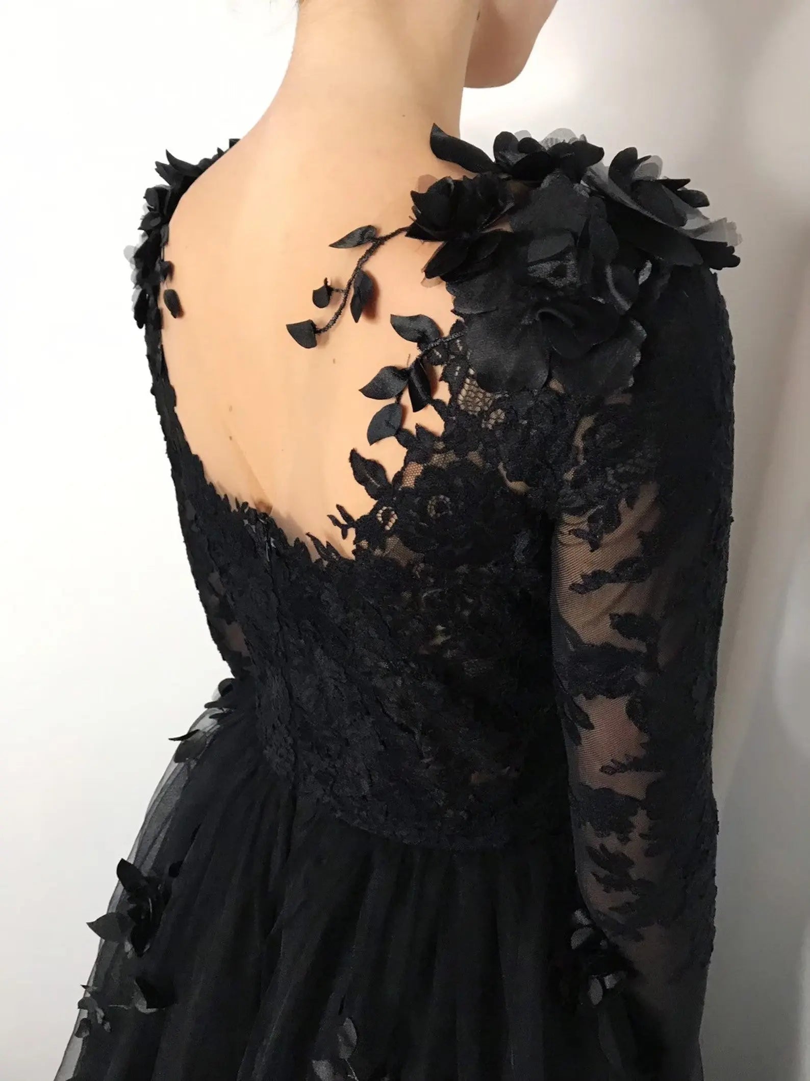 Black Luxury Gothic Wedding Dress 3D Floral Lace Tulle Sweep Train ZP026