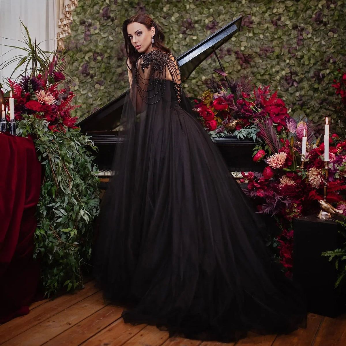 Black Luxury Gothic  Wedding Dress Beaded Tulle Ball Gown With Sheer Beaded Cape ZP028