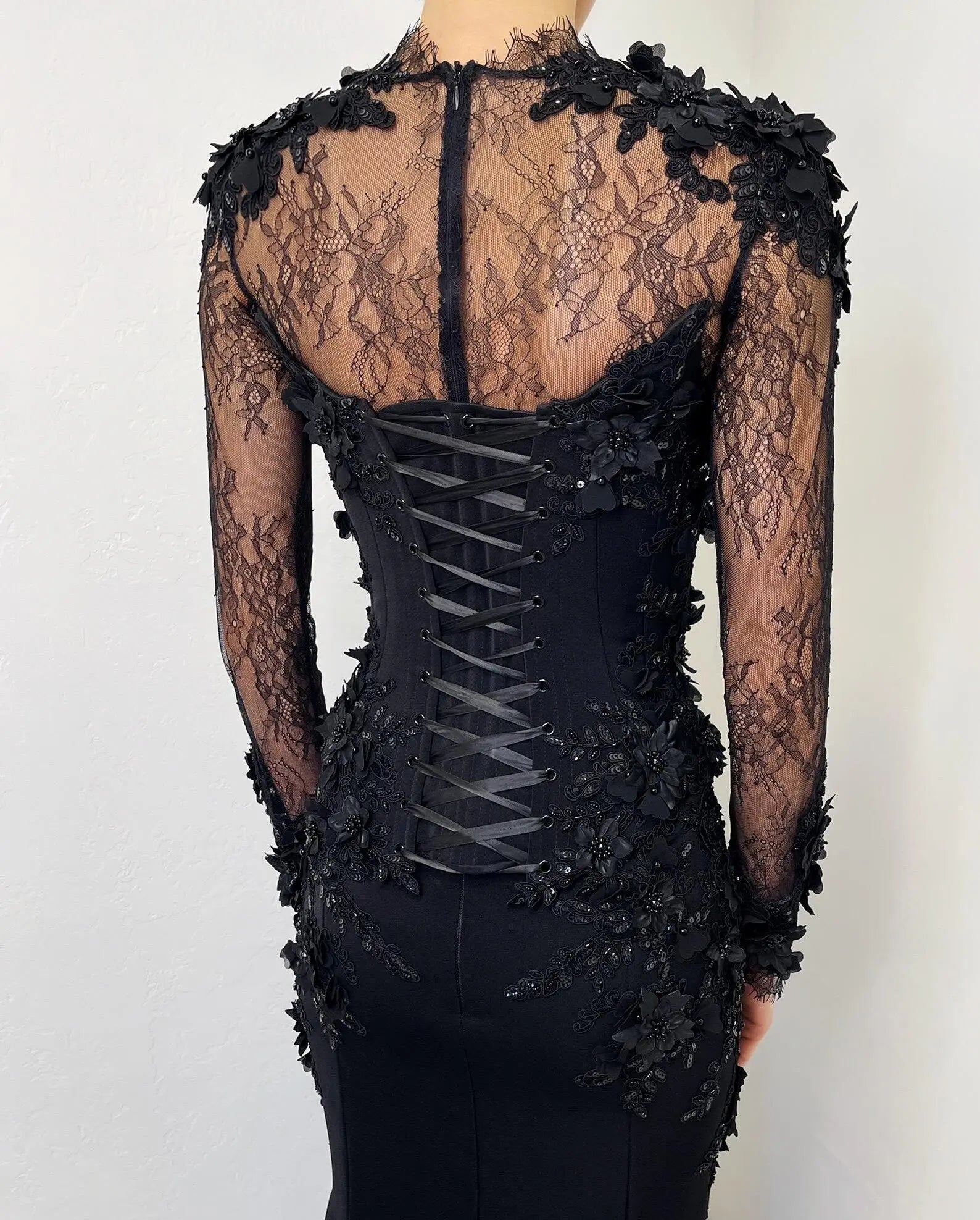 Black Luxury Gothic Wedding Dress Mermaid 3D Floral  With Lace Edge Train ZP194