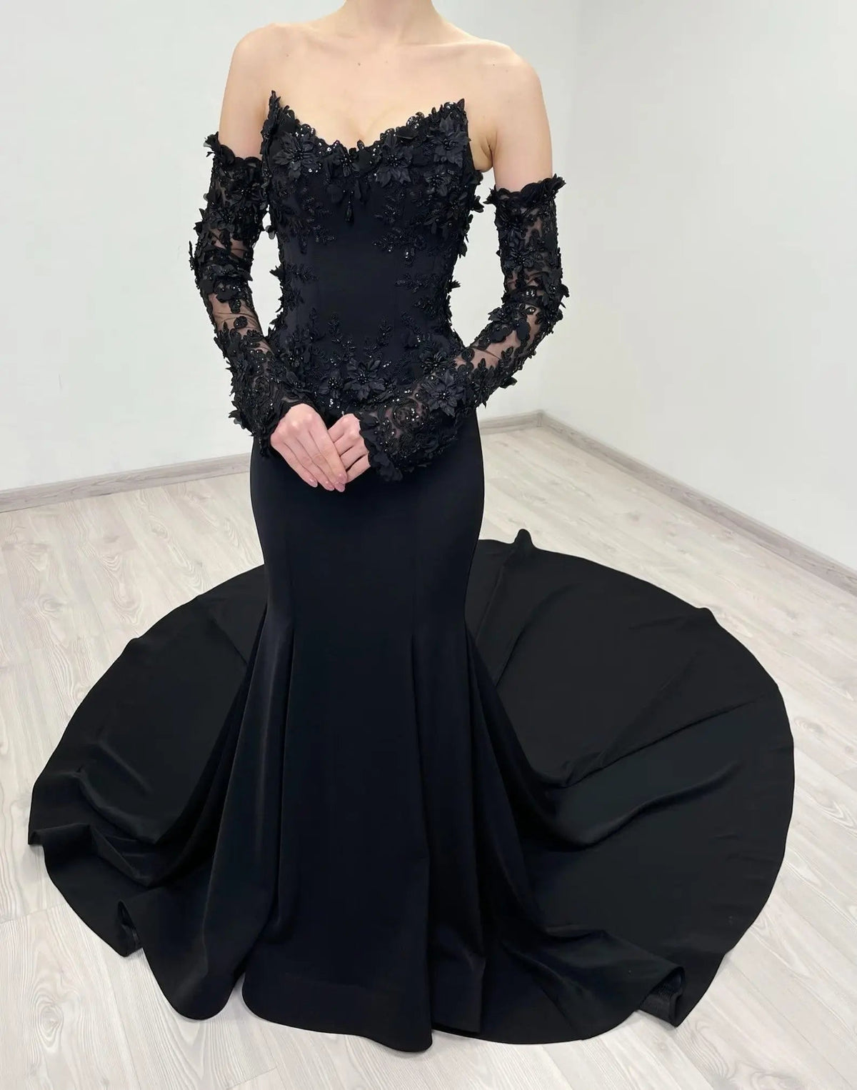 Black Luxury Gothic Wedding Dress Mermaid 3D Floral Lace  ZP195