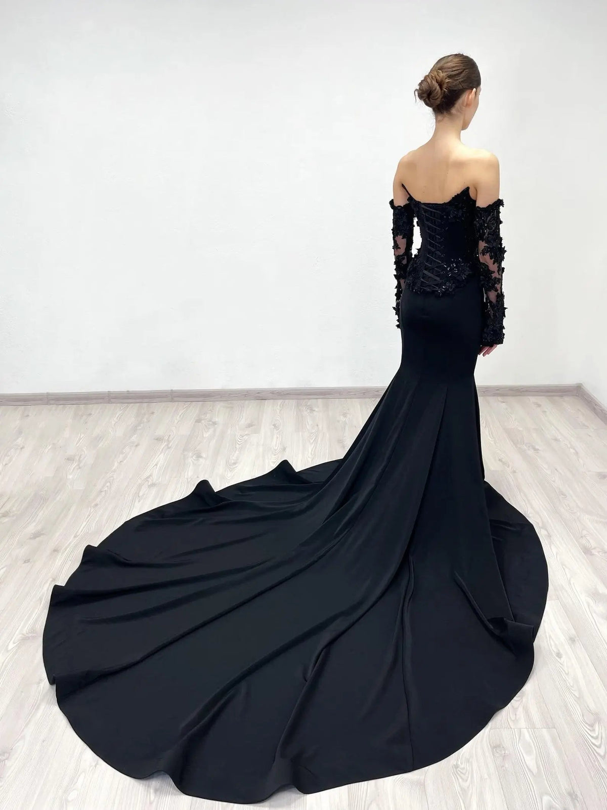 Black Luxury Gothic Wedding Dress Mermaid 3D Floral Lace  ZP195