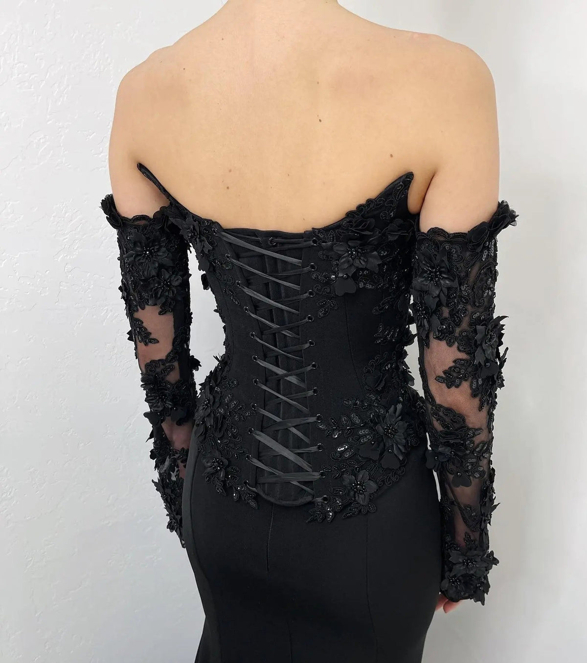 Black Luxury Gothic Wedding Dress Mermaid 3D Floral Lace  ZP195