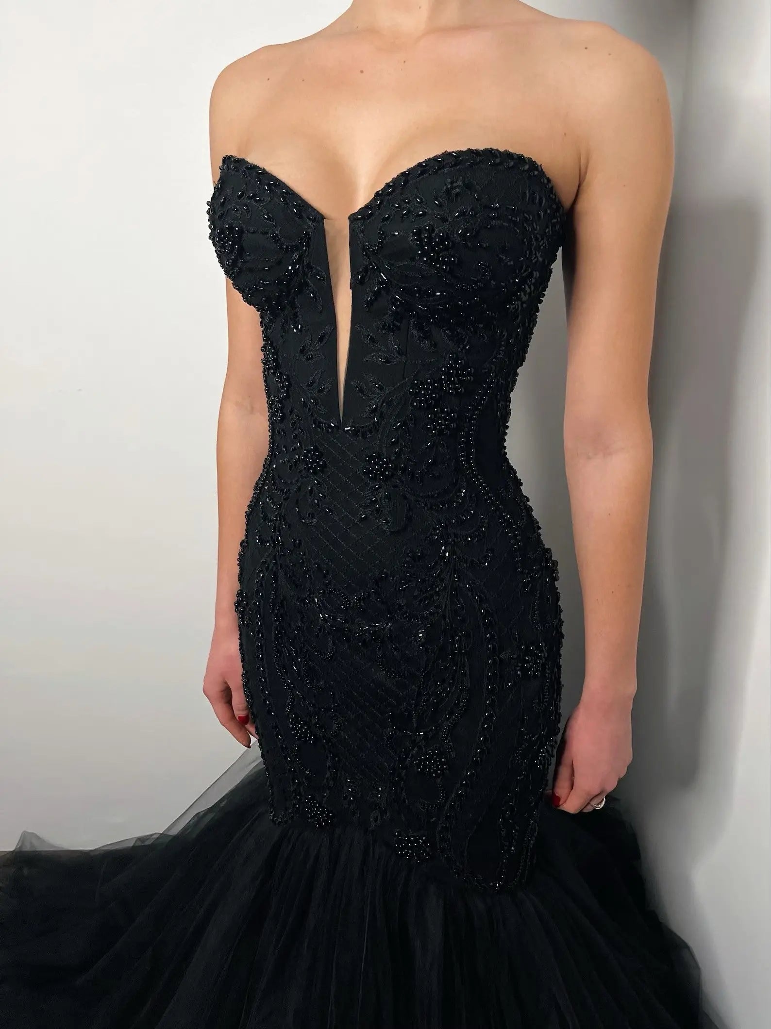 Black Luxury Gothic Wedding Dress Mermaid Beaded Lace Tassel Cape  ZP196