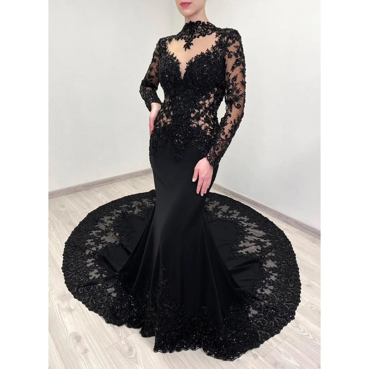 Black Luxury Gothic Heavy Beading Wedding Dress Mermaid Sheer Full Lace Circular Train ZP193