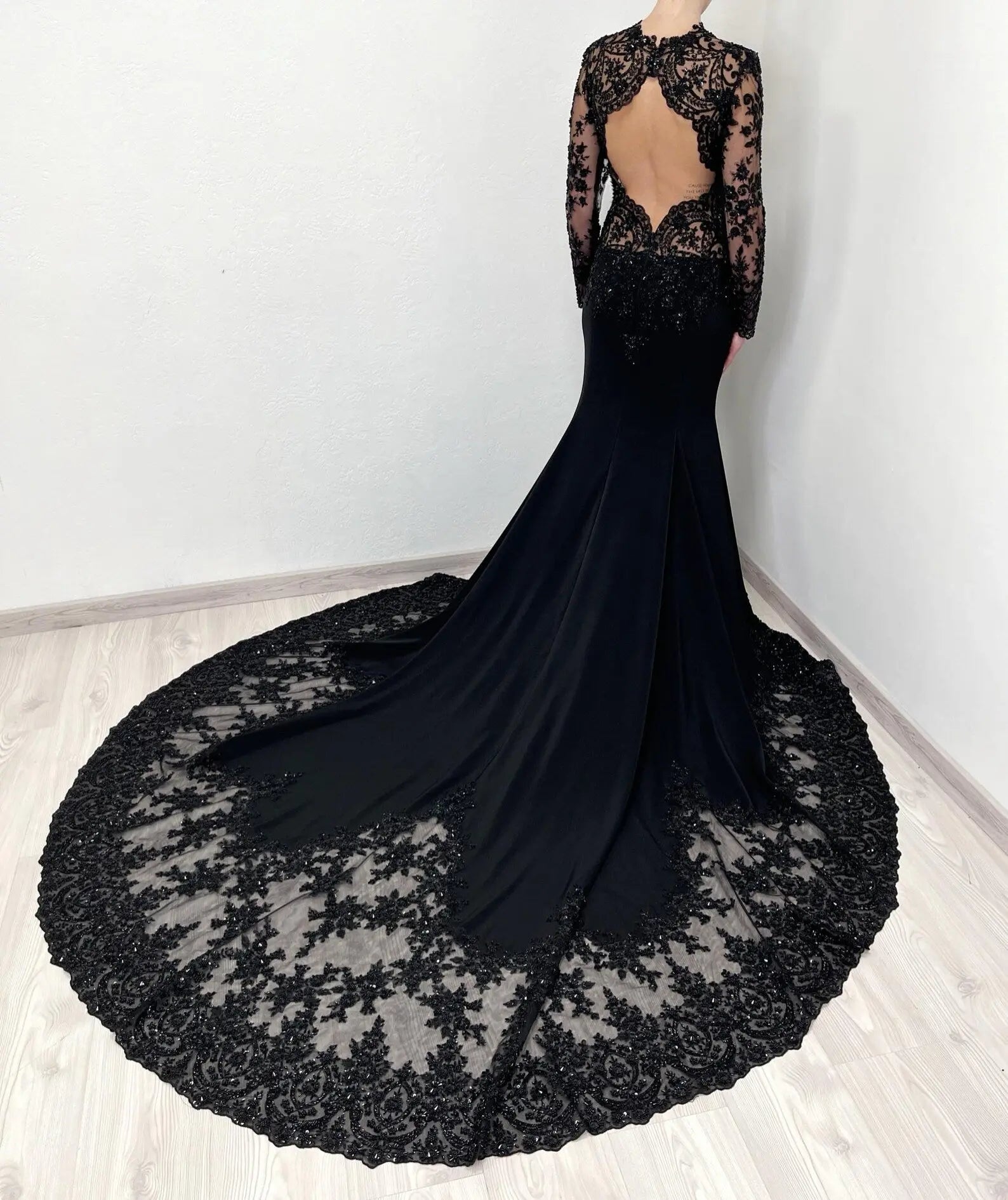 Black Luxury Gothic Heavy Beading Wedding Dress Mermaid Sheer Full Lace Circular Train ZP193