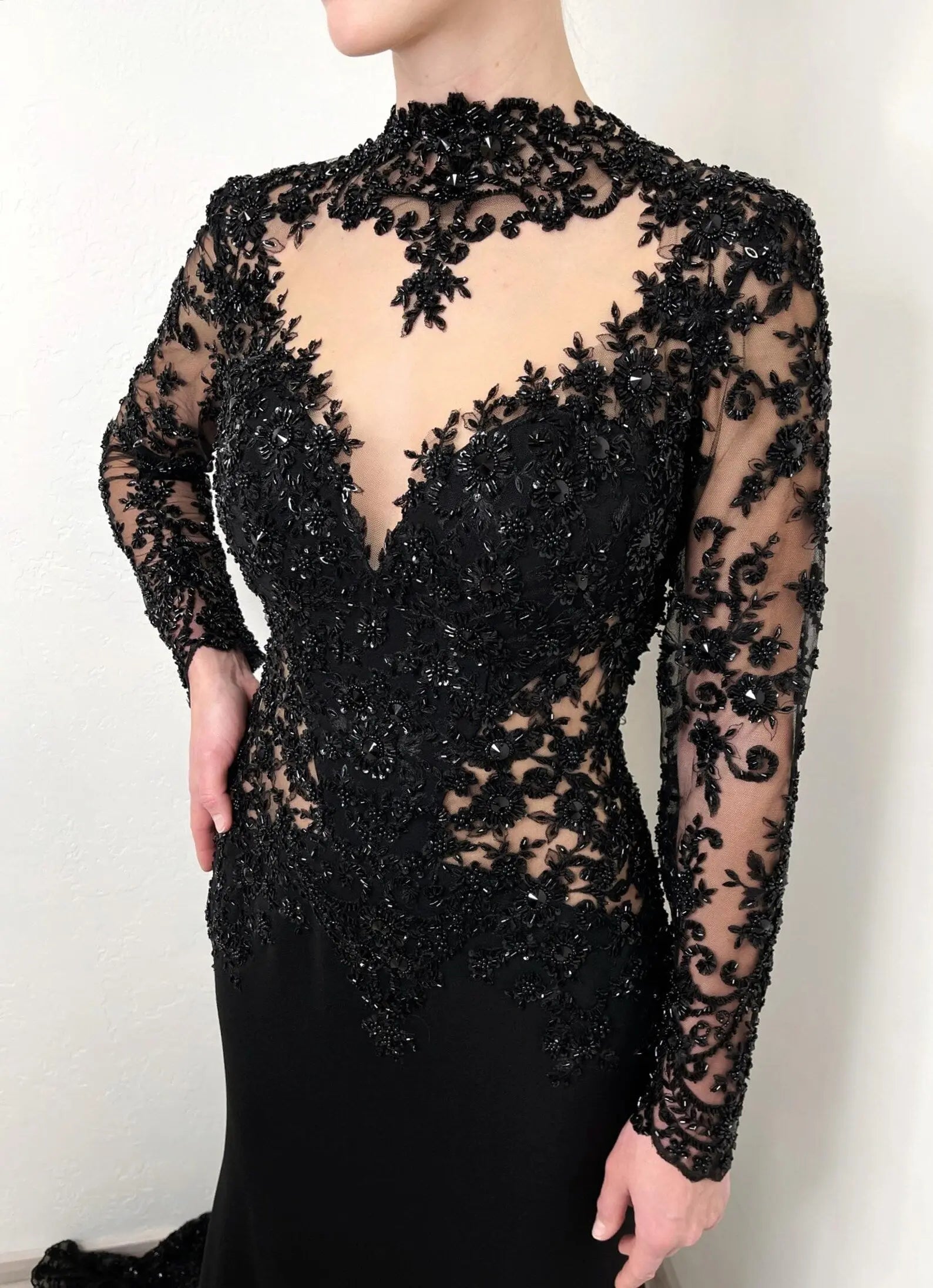 Black Luxury Gothic Heavy Beading Wedding Dress Mermaid Sheer Full Lace Circular Train ZP193