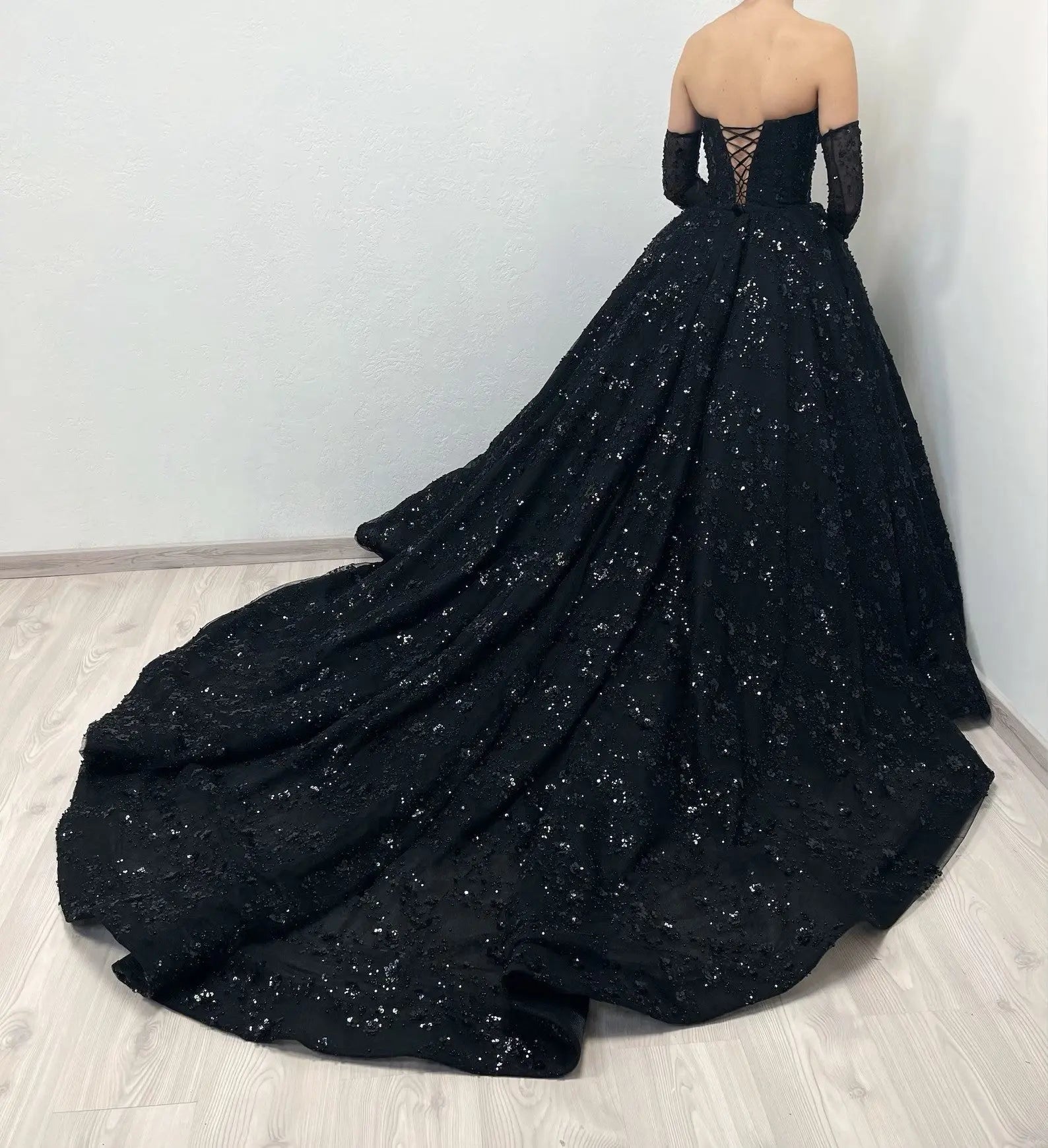 Black Luxury Gothic Sequin Ballgown Tulle Wedding Dress  ZP030