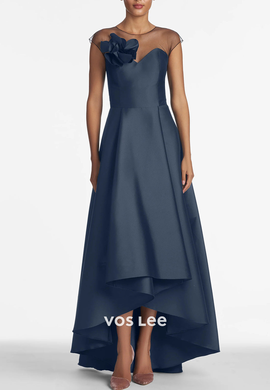 Simple & Classic High Low Illusion Neck Floral Embellished Pleated Mother of Bride Dresses