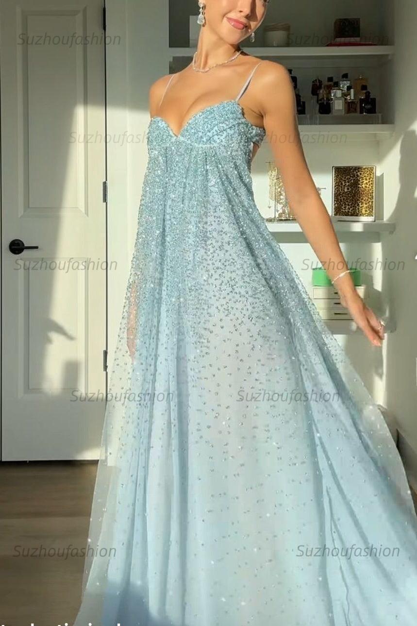 Suzhoufashion Bling A Line Spaghetti Straps Grey Blue Long Party Dress With Beading Formal Evening Gown