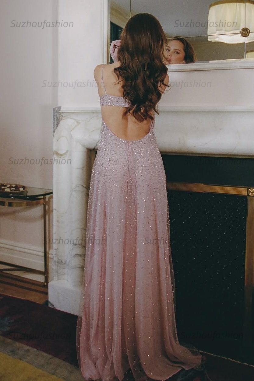Suzhoufashion Bling A Line Spaghetti Straps Grey Blue Long Party Dress With Beading Formal Evening Gown