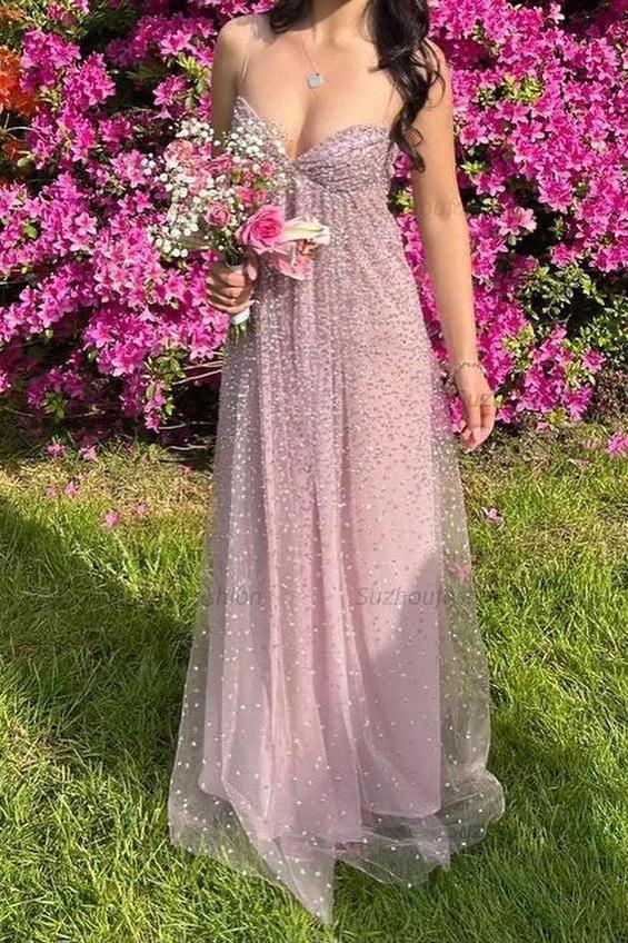 Suzhoufashion Bling A Line Spaghetti Straps Grey Blue Long Party Dress With Beading Formal Evening Gown