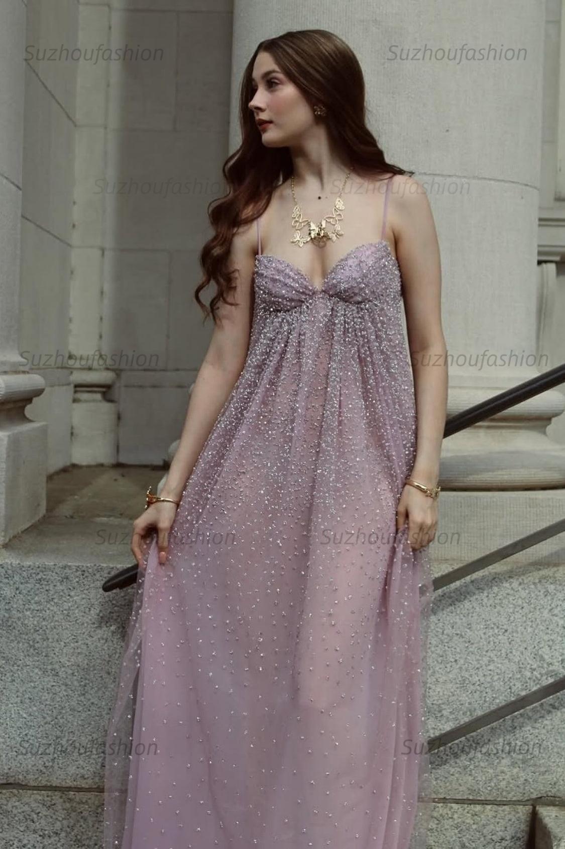 Suzhoufashion Bling A Line Spaghetti Straps Grey Blue Long Party Dress With Beading Formal Evening Gown