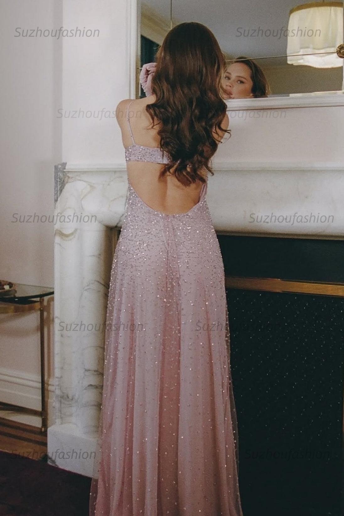 Suzhoufashion Bling A Line Spaghetti Straps Grey Blue Long Party Dress With Beading Formal Evening Gown