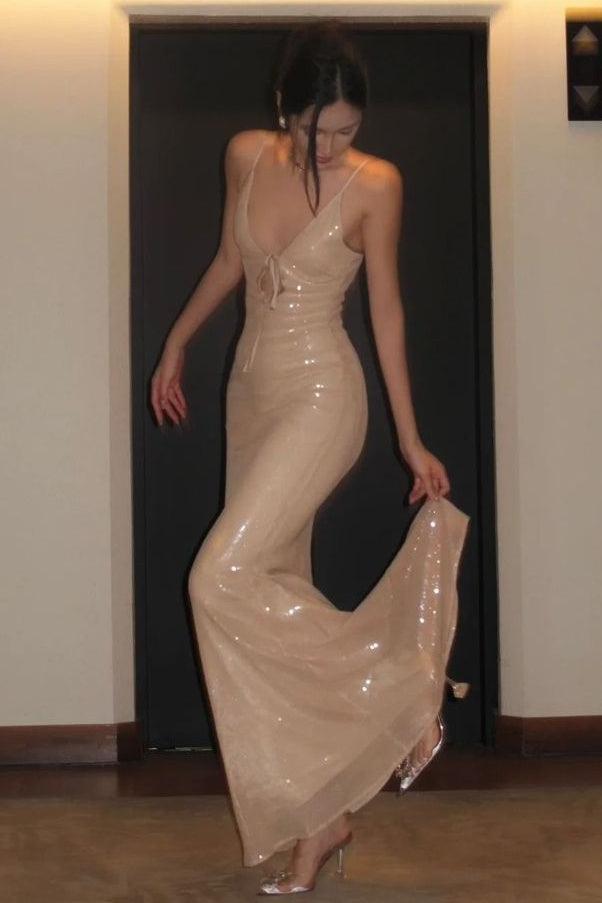 Suzhoufashion Bling Mermaid Spaghetti Straps Light Champagne Sequined Long Prom Dress Formal Evening Gown
