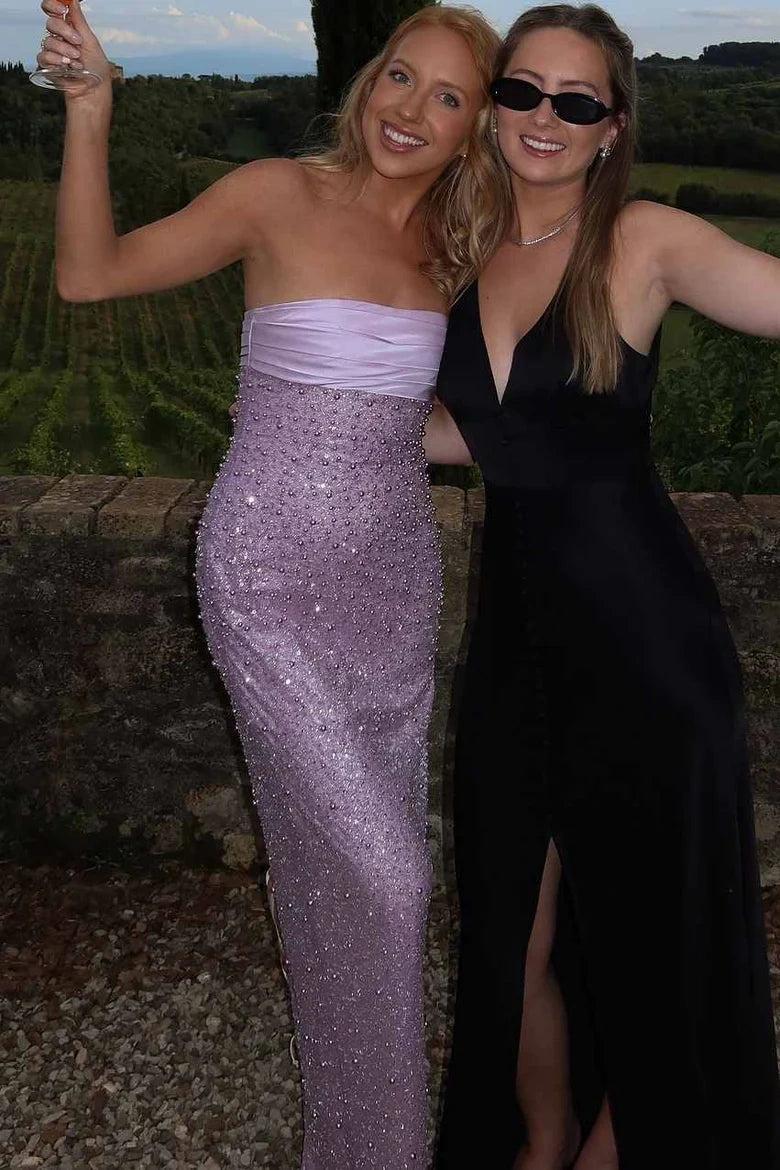 Sheath Strapless Lilac Long Prom Dress With Pearls Slit Formal Evening Gown