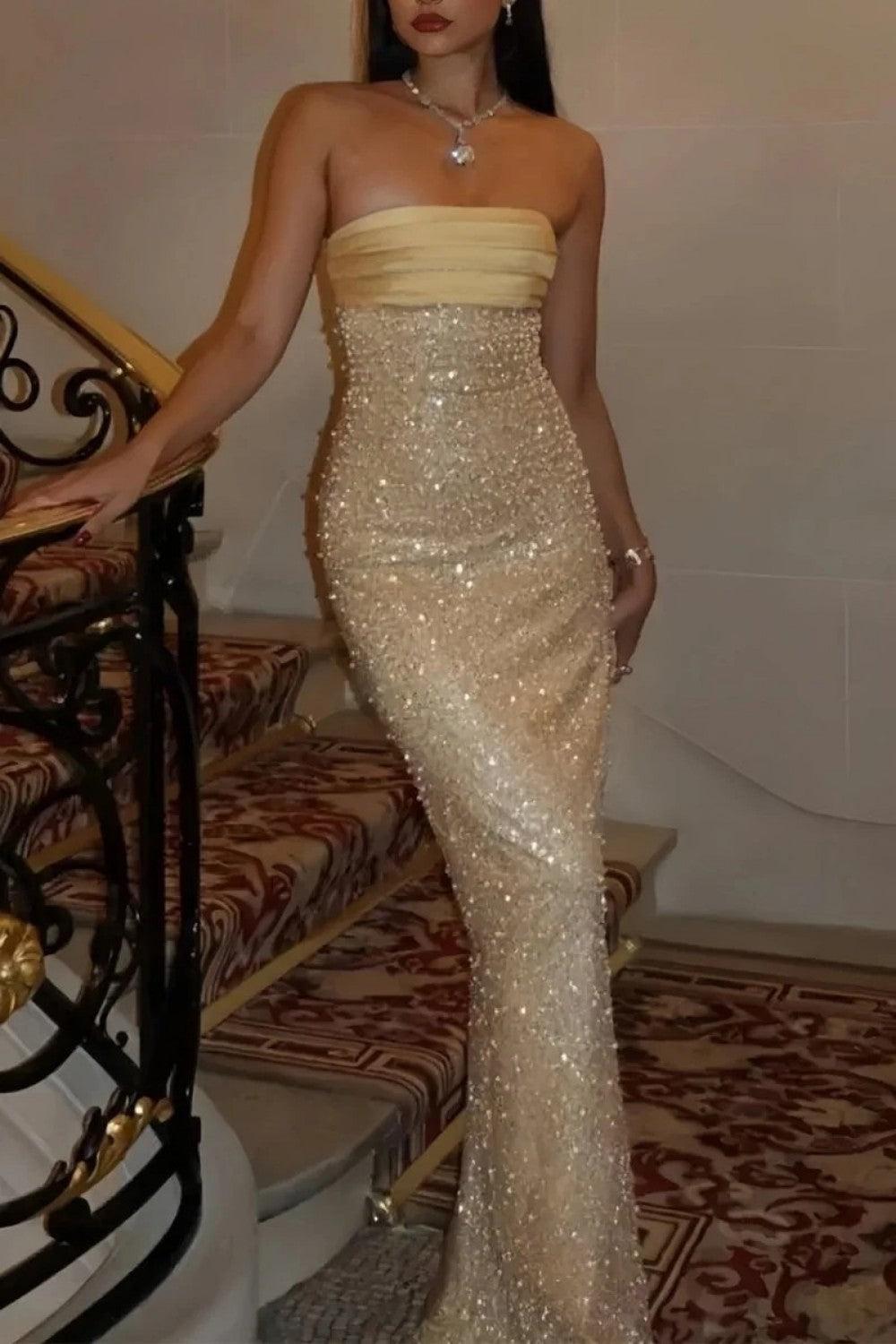 Sheath Strapless Lilac Long Prom Dress With Pearls Slit Formal Evening Gown
