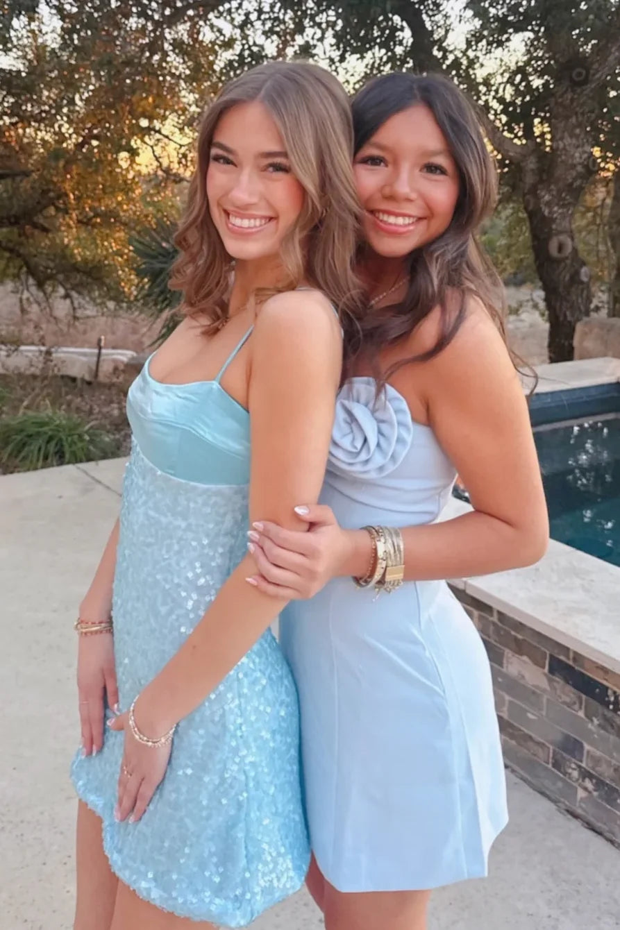 Bling A Line Spaghetti Straps Blue Sequins Short Homecoming Dress
