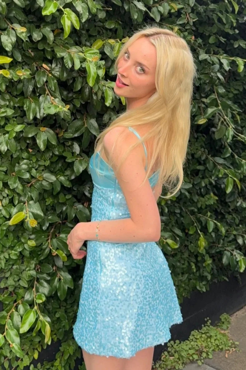 Bling A Line Spaghetti Straps Blue Sequins Short Homecoming Dress