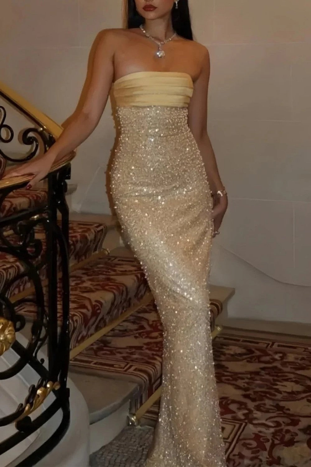 Bling Sheath Strapless Lilac Long Prom Dress with Pearls
