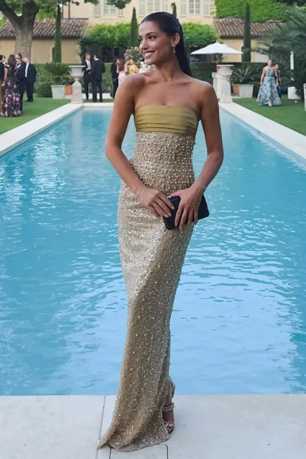 Bling Sheath Strapless Lilac Long Prom Dress with Pearls