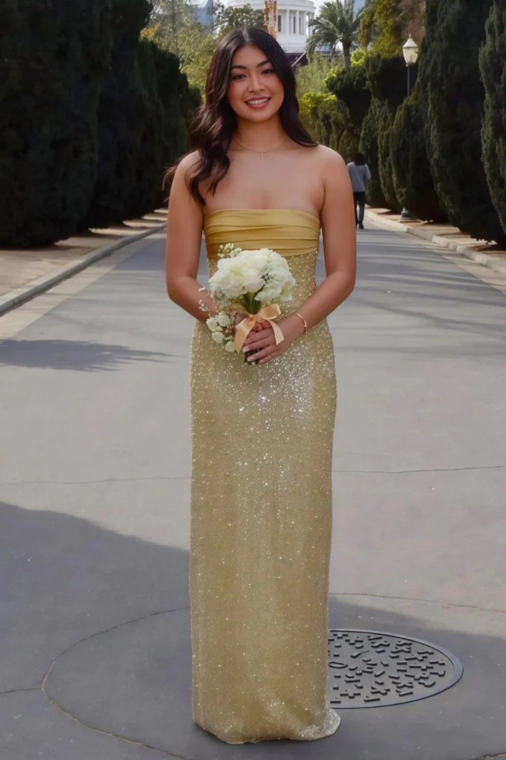 Bling Sheath Strapless Lilac Long Prom Dress with Pearls