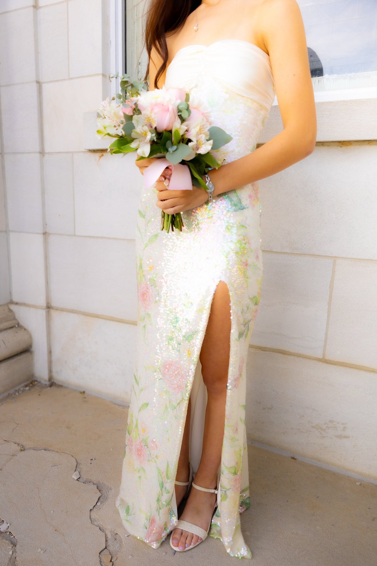 Bling Sheath Sweetheart Floral Printed Sequins Long Prom Dress
