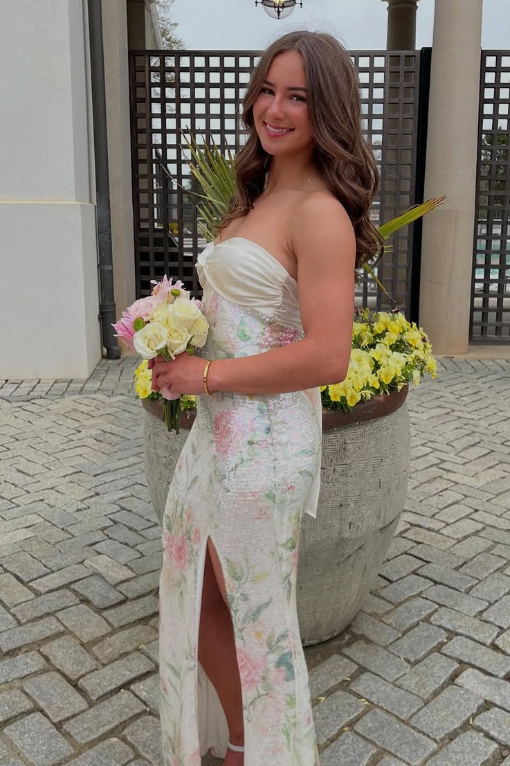 Bling Sheath Sweetheart Floral Printed Sequins Long Prom Dress