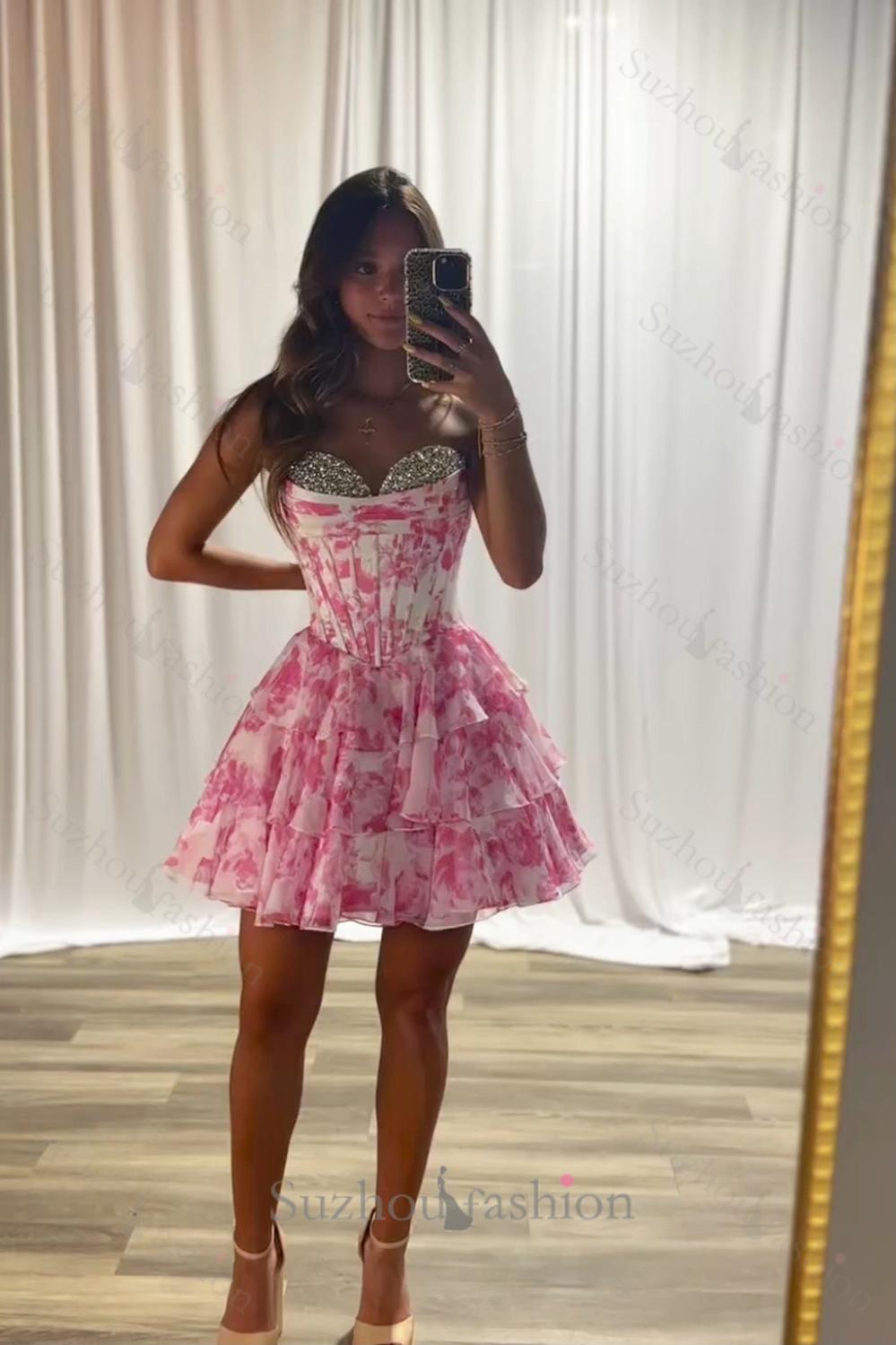 A Line Homecoming Dresses Floral Corset Short Cocktail Dresses With Beading