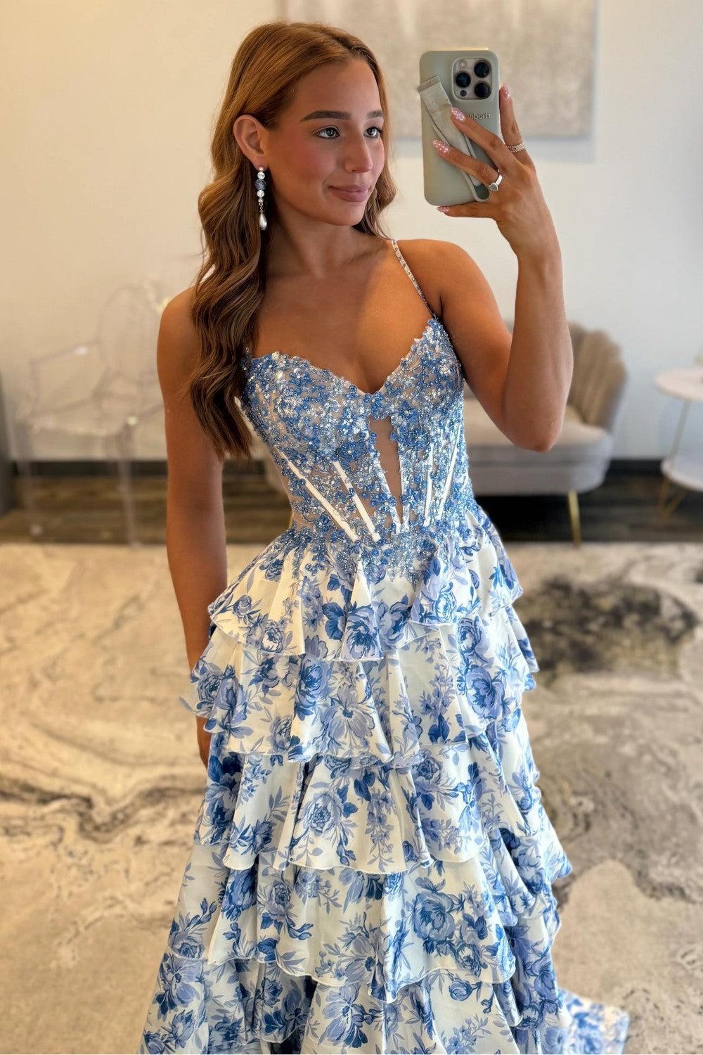 Suzhoufashion Blue Floral Spaghetti Straps Ruffle High-Slit Prom Dress With Lace Bodice Formal Evening Gown