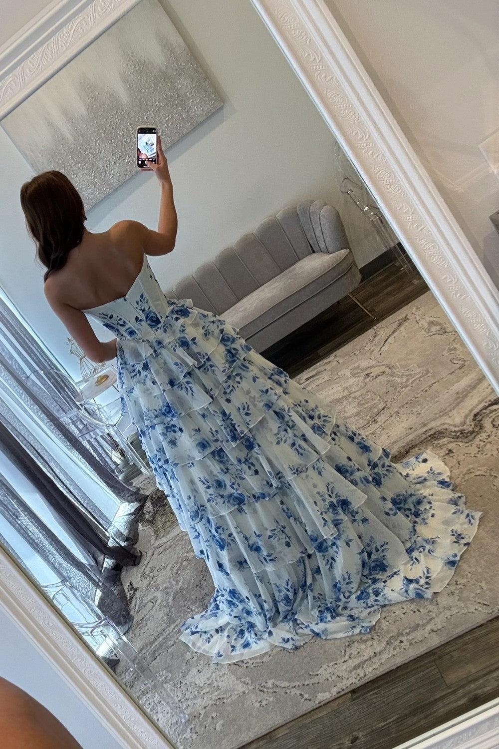 Blue Floral Sweetheart Tiered Prom Dress With Corset Bodice Formal Evening Gown