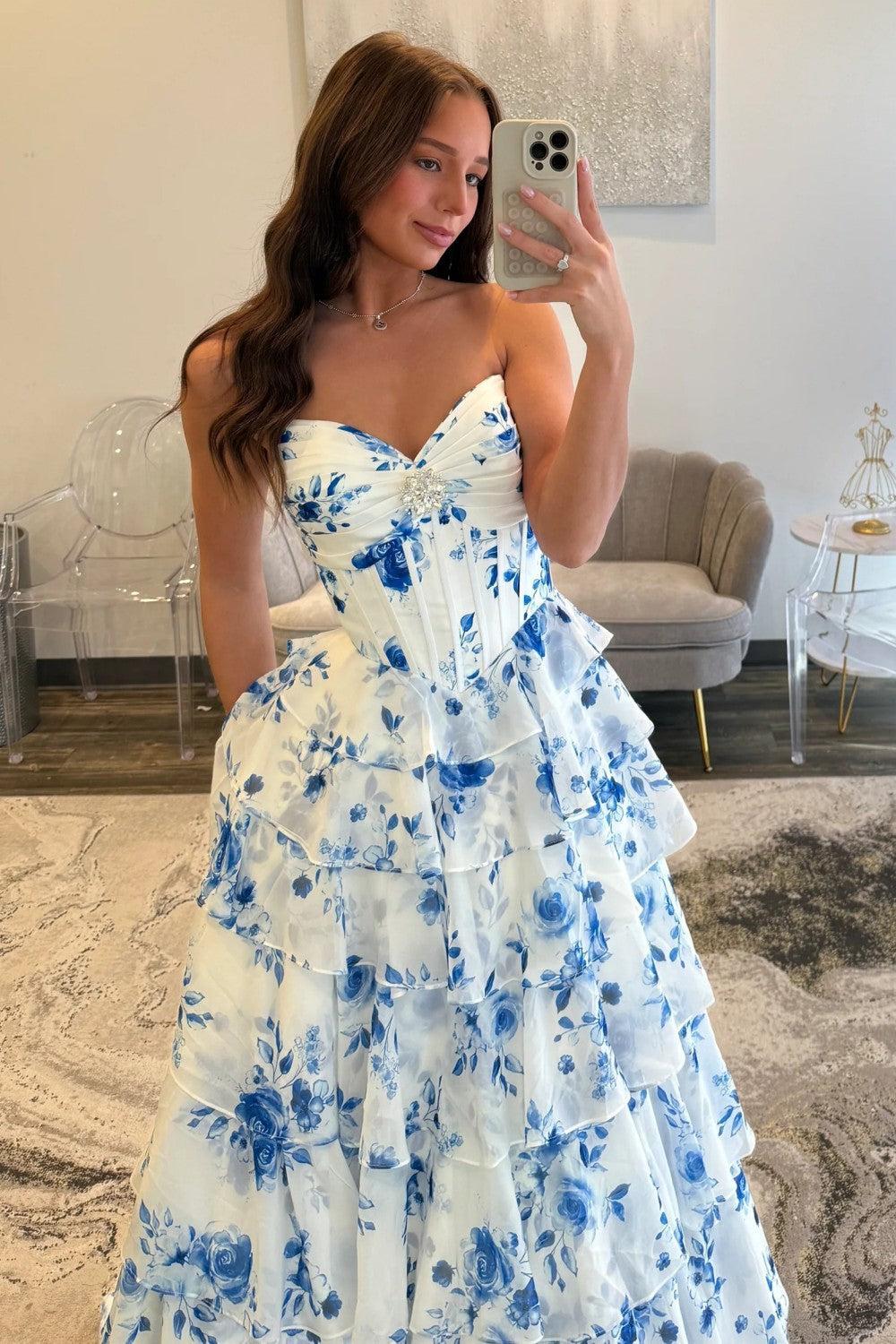 Blue Floral Sweetheart Tiered Prom Dress With Corset Bodice Formal Evening Gown