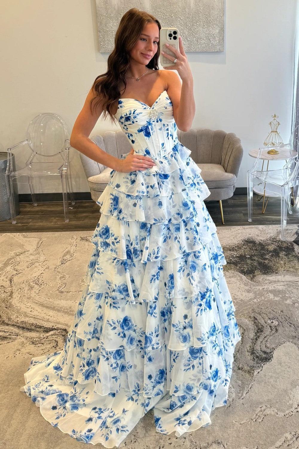 Blue Floral Sweetheart Tiered Prom Dress With Corset Bodice Formal Evening Gown