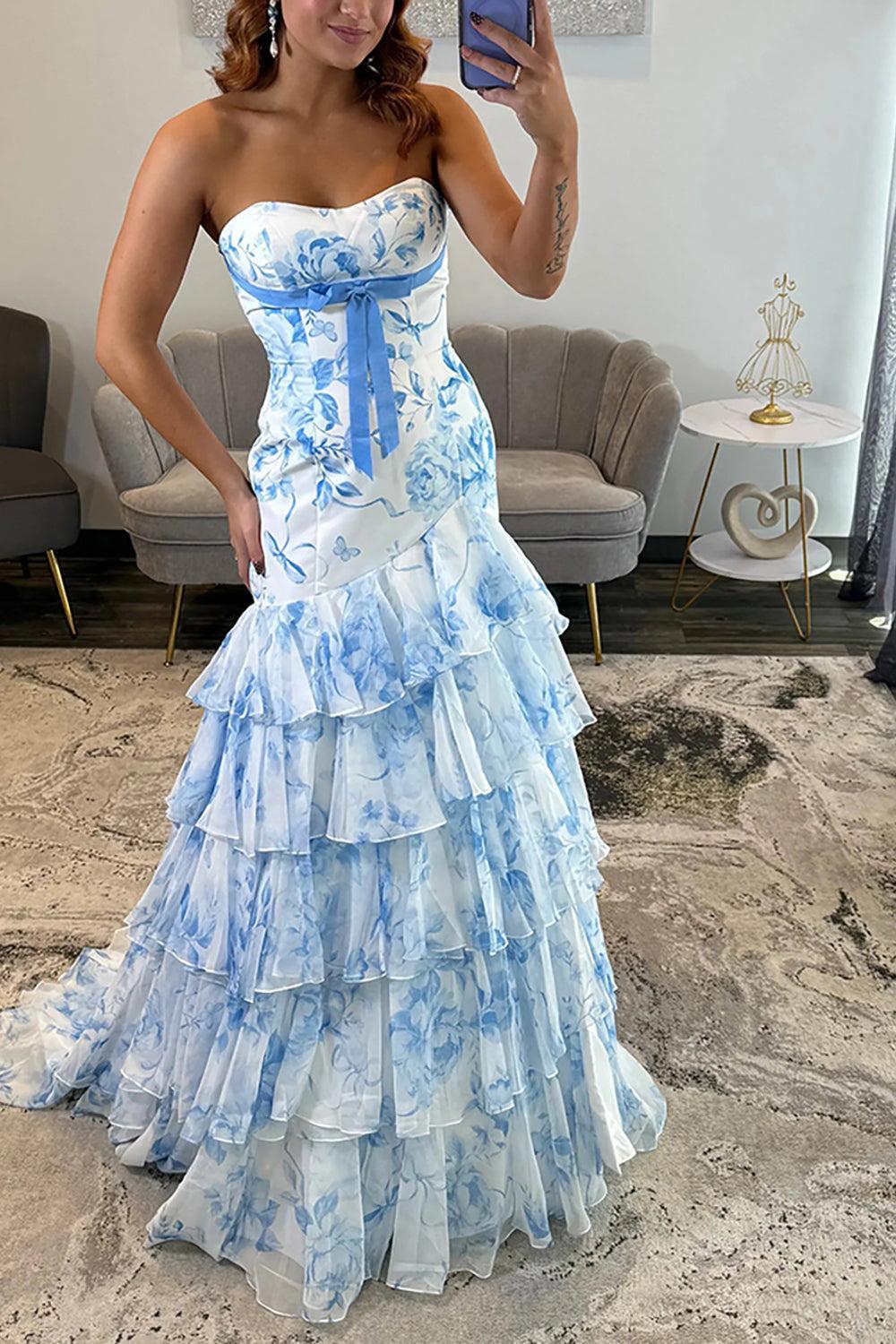 Suzhoufashion Blue Flower Prom Dress Sweetheart Mermaid Ruffled Long Formal Dress With Bow
