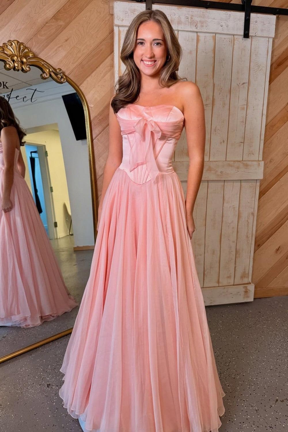 Suzhoufashion Blue Flowing Chiffon Strapless Corset Prom Dress With Bow Bodice Formal Evening Gown