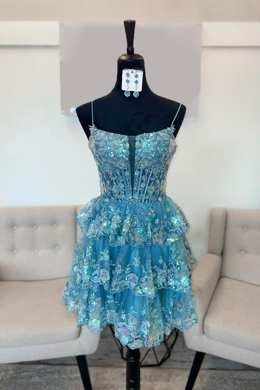 Blue Homecoming Dresses A Line Corset Tiered Short Cocktail Dresses
