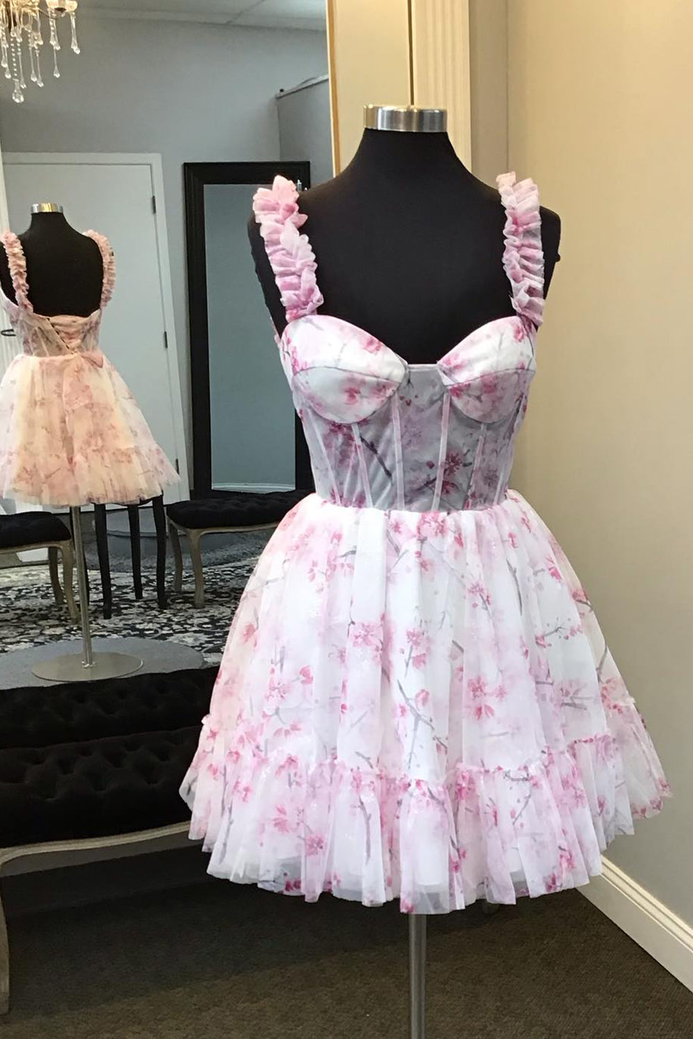 Blue Homecoming Dresses Corset A Line Floral Printed Short Cocktail Dresses