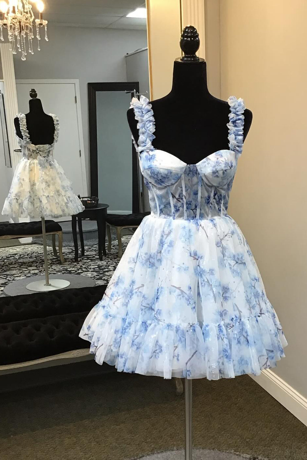 Blue Homecoming Dresses Corset A Line Floral Printed Short Cocktail Dresses