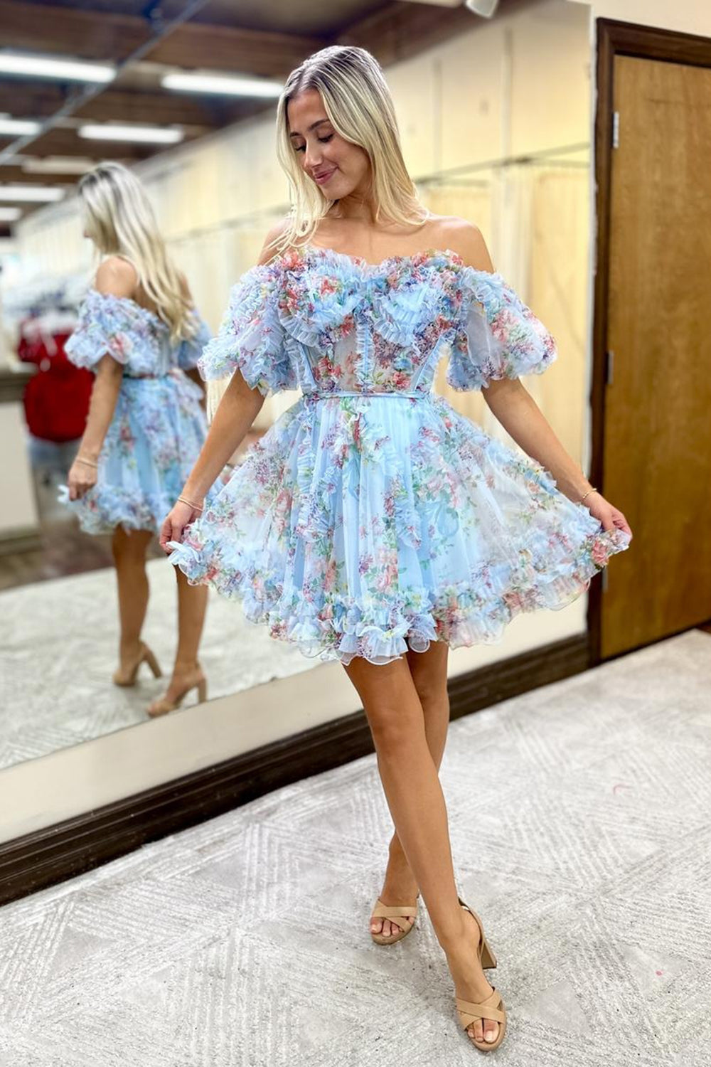 Blue Homecoming Dresses Corset Off The Shoulder Floral A-Line Short Cocktail Dresses