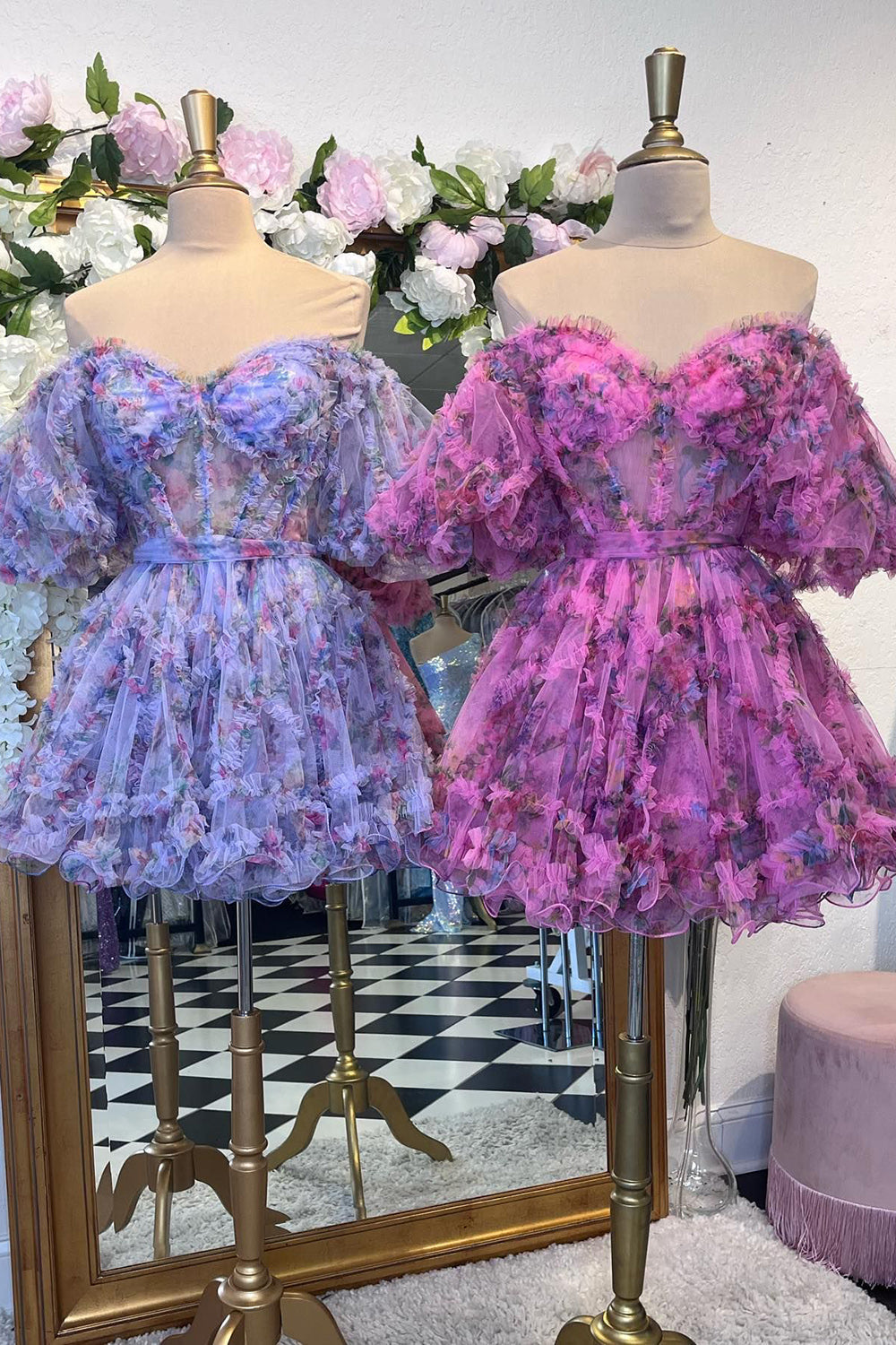 Blue Homecoming Dresses Corset Off The Shoulder Floral A-Line Short Cocktail Dresses