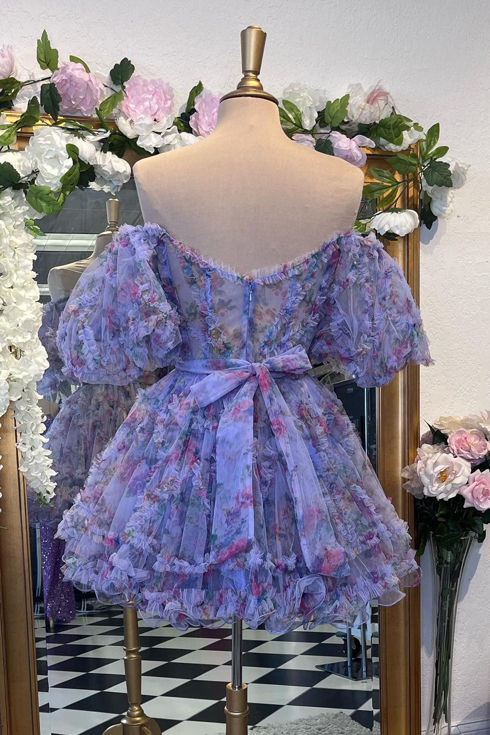 Blue Homecoming Dresses Corset Off The Shoulder Floral A-Line Short Cocktail Dresses