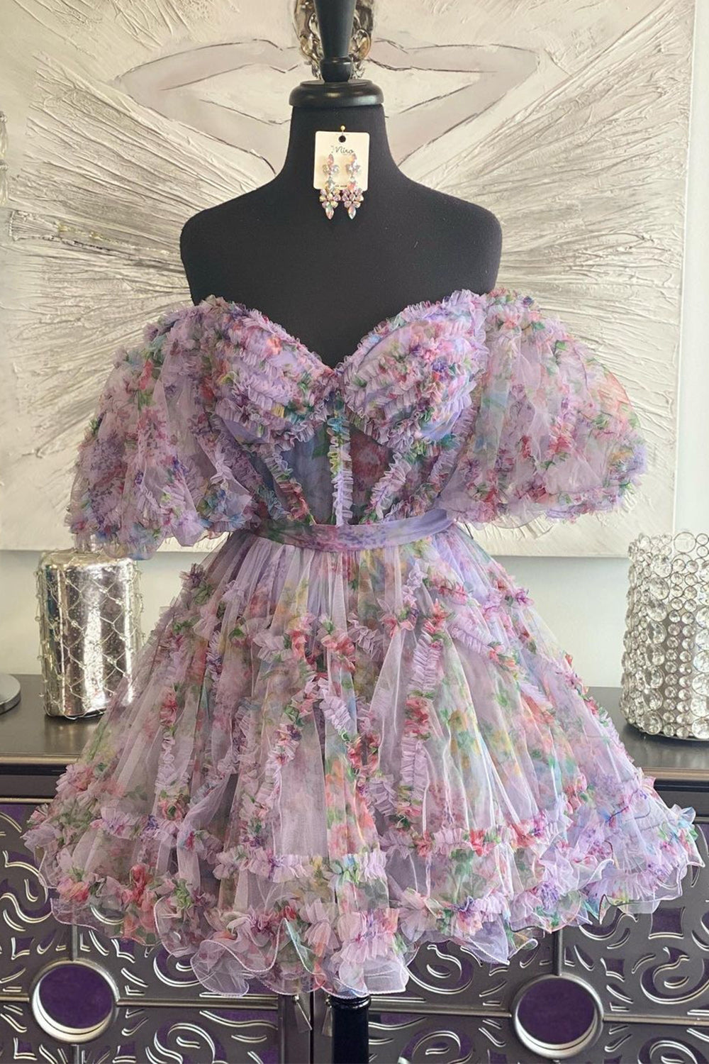Blue Homecoming Dresses Corset Off The Shoulder Floral A-Line Short Cocktail Dresses
