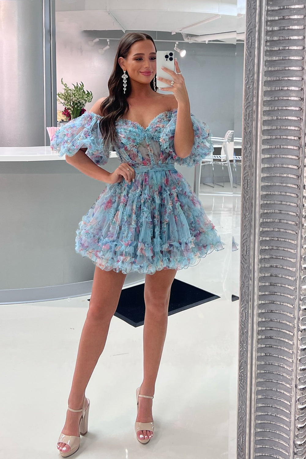 Blue Homecoming Dresses Corset Off The Shoulder Floral A-Line Short Cocktail Dresses