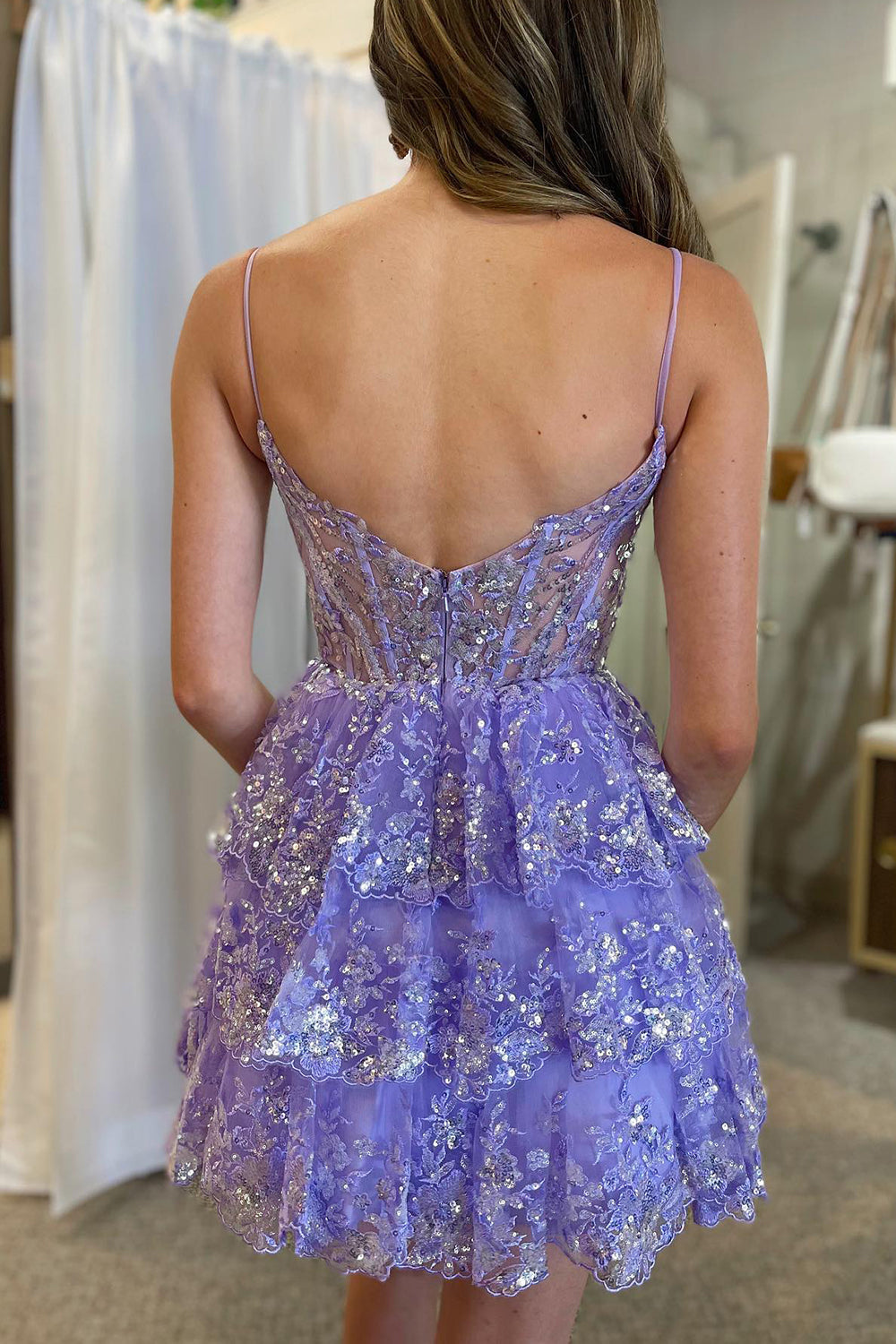 Lilac Homecoming Dresses Corset Spaghetti Straps A Line Lace Short Cocktail Dresses