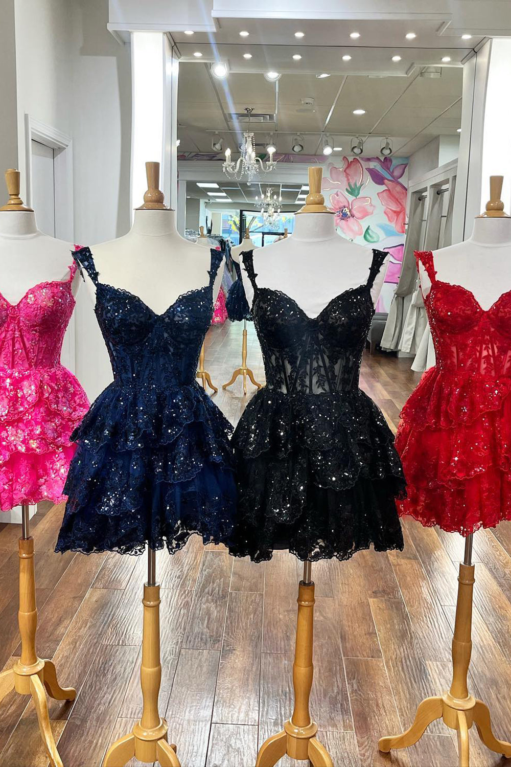 Blue Homecoming Dresses Corset Tiered Lace A-Line Prom Dress