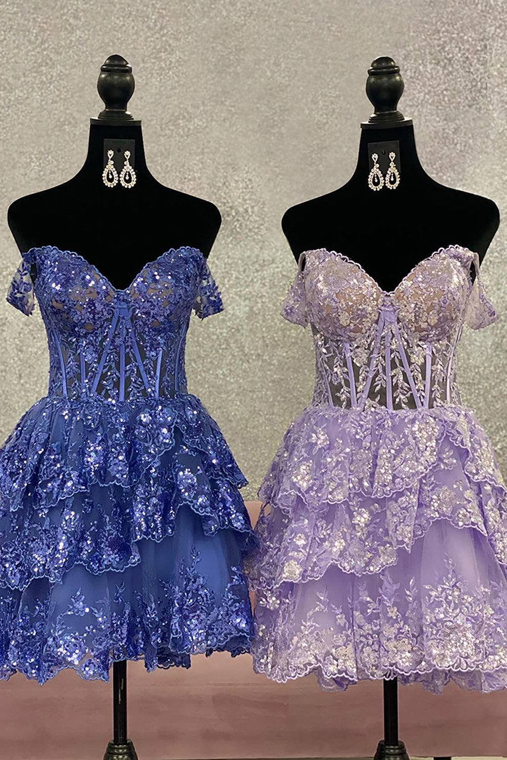 Blue Homecoming Dresses Corset Tiered Lace A-Line Prom Dress