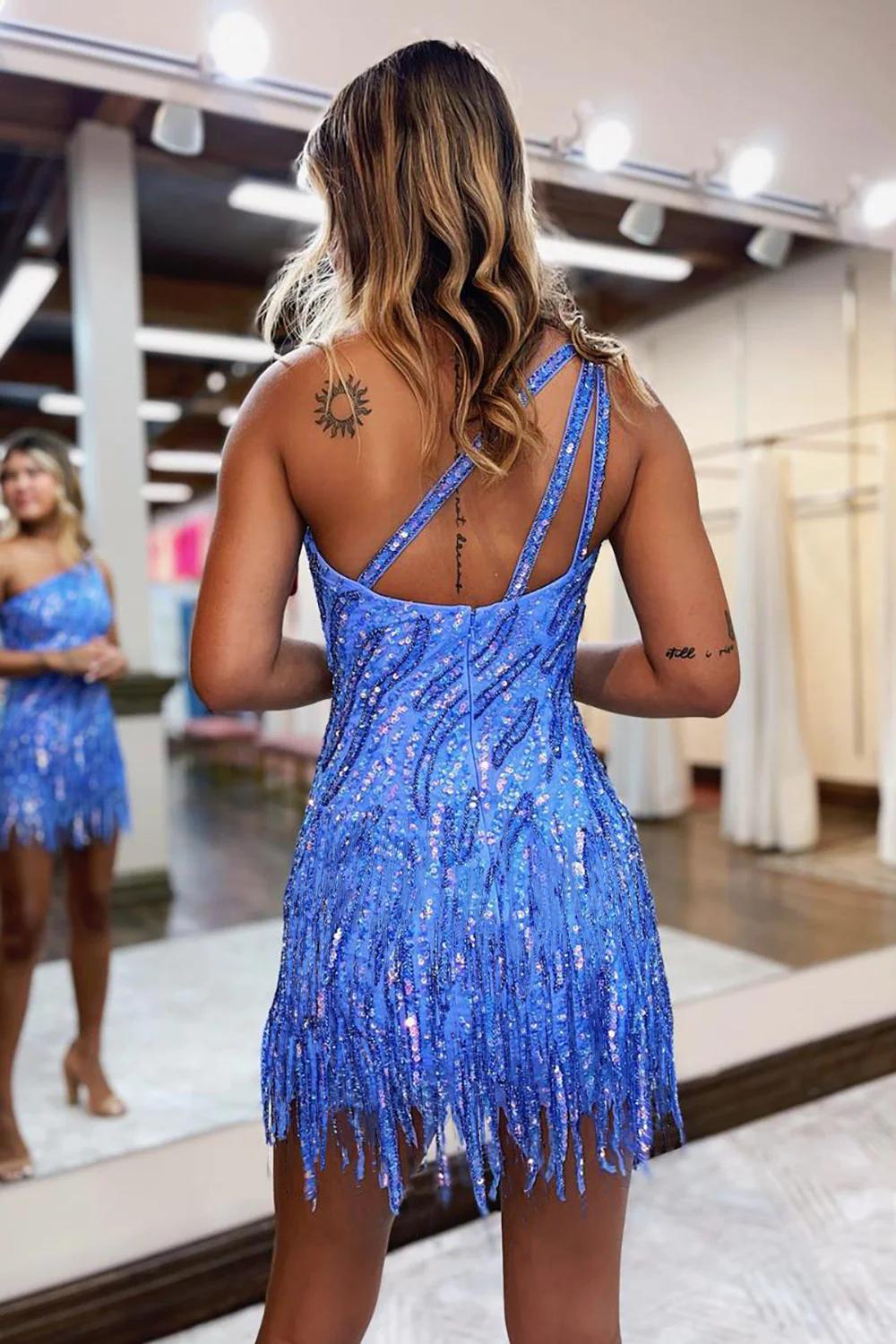 Blue Homecoming Dresses One Shoulder Sequin Tight Short Hoco Dress with Fringes