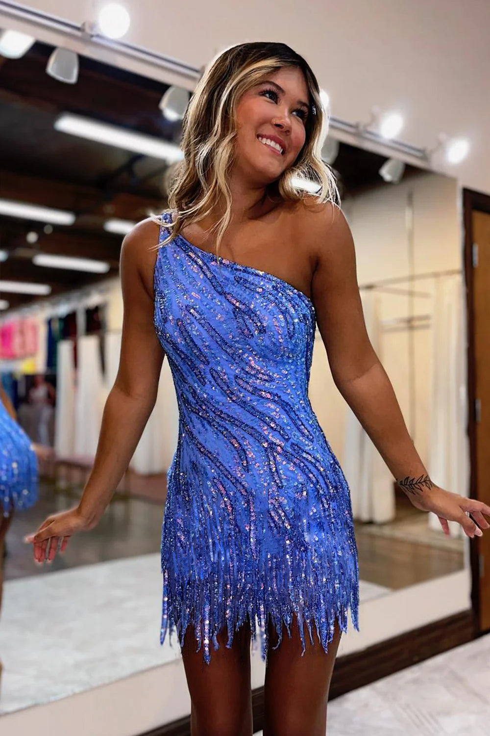 Blue Homecoming Dresses One Shoulder Sequin Tight Short Hoco Dress with Fringes