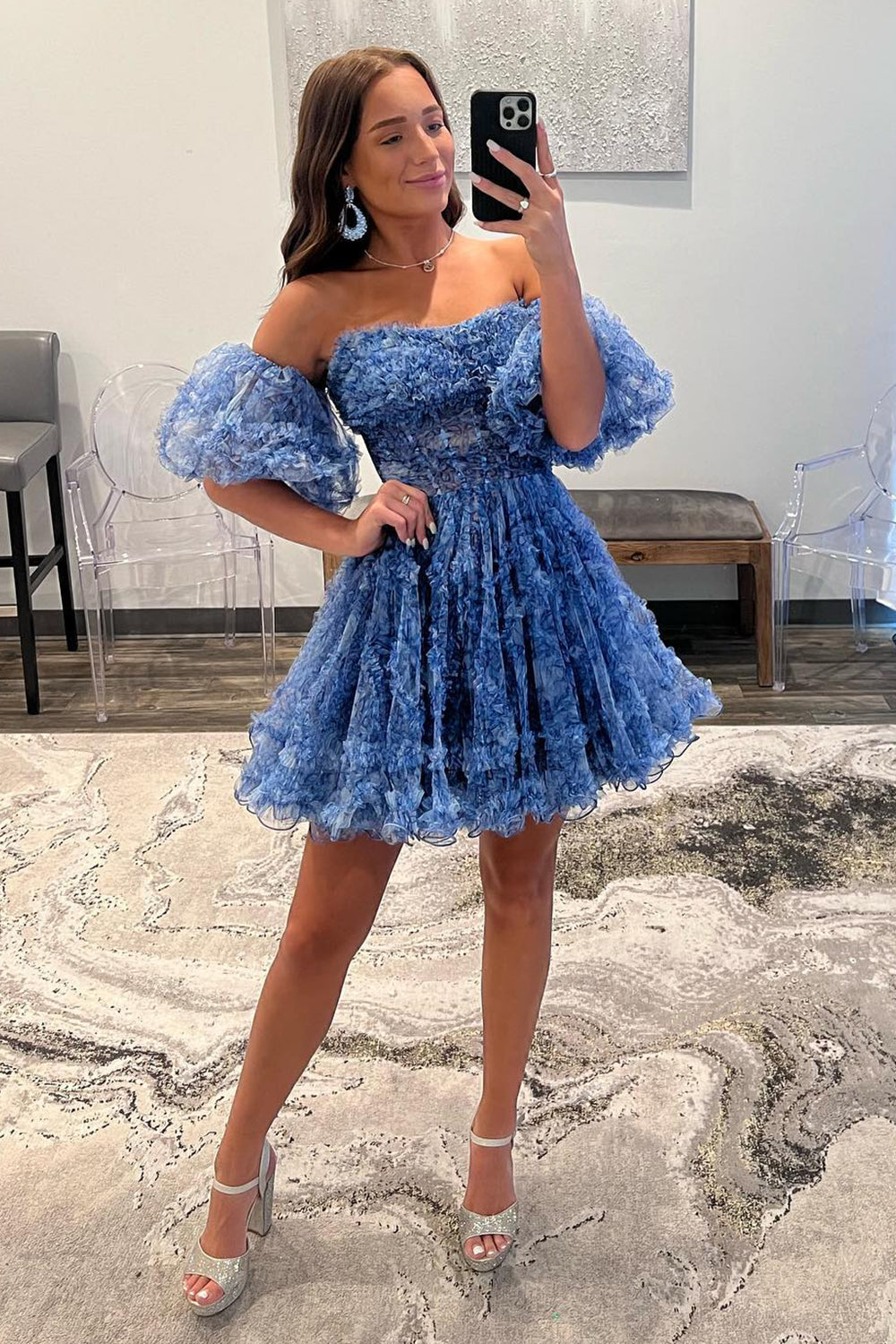 Blue Homecoming Dresses Printed Detachable Sleeves Ruffled Short Cocktail Dresses