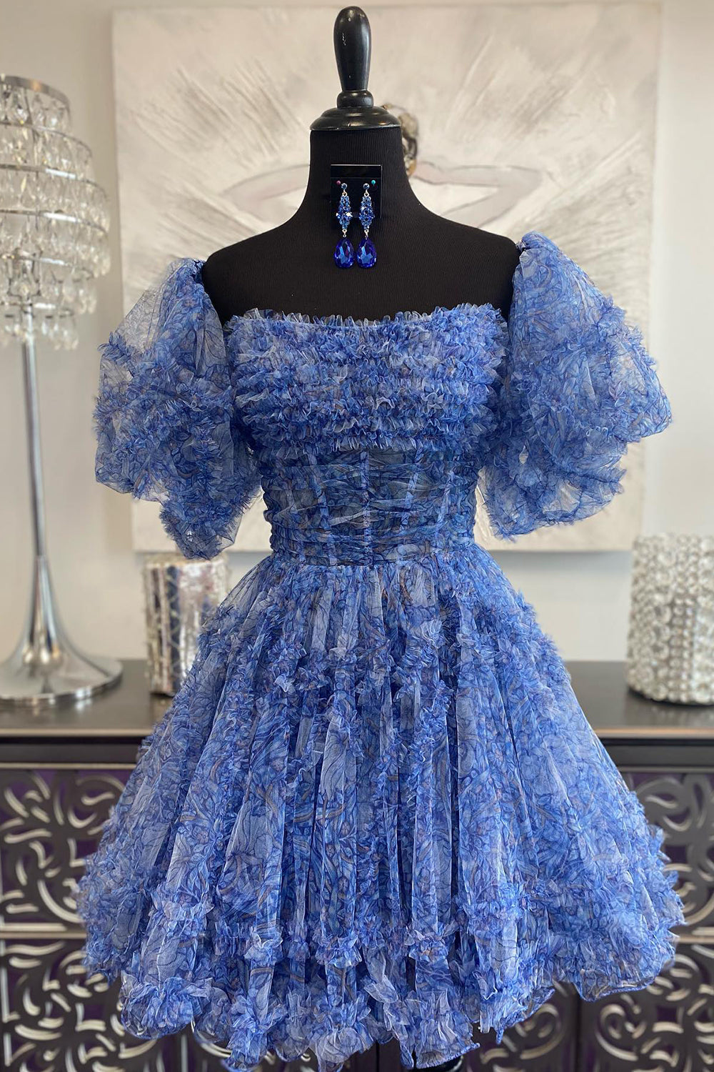 Blue Homecoming Dresses Printed Detachable Sleeves Ruffled Short Cocktail Dresses